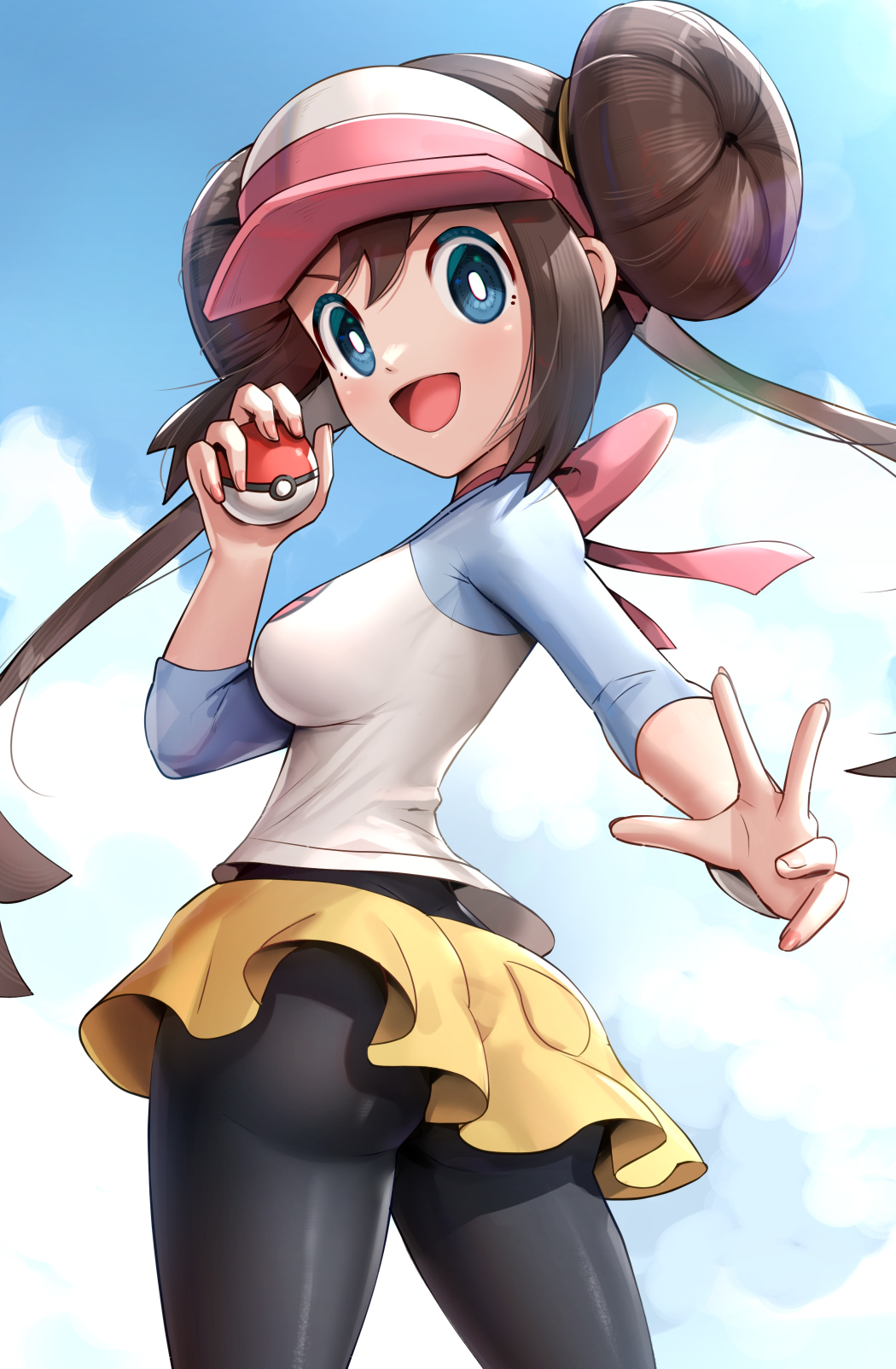 1girl :d ass bag black_legwear blue_eyes blue_sky bow breasts brown_hair clouds double_bun duplicate from_behind gonzarez handbag highres holding holding_poke_ball legwear_under_shorts long_hair looking_at_viewer looking_back medium_breasts open_hand open_mouth pantyhose pink_bow pixel-perfect_duplicate poke_ball pokemon pokemon_(game) pokemon_bw2 raglan_sleeves rosa_(pokemon) shoes short_shorts shorts sky smile sneakers twintails twisted_torso v-shaped_eyebrows very_long_hair visor_cap yellow_shorts