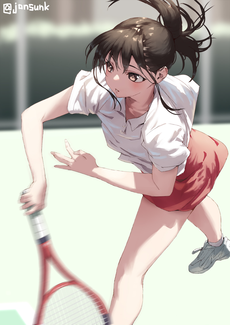 1girl black_hair blurry blurry_background brown_eyes jonsun legs looking_away motion_blur original ponytail racket red_shorts shiori_(jonsun) shirt shoes short_sleeves shorts sneakers solo sportswear tennis tennis_racket tennis_uniform thighs twintails white_footwear white_shirt