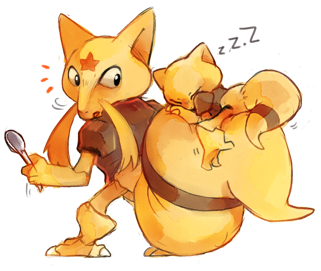 abra closed_eyes holding holding_spoon kadabra no_humans notice_lines parted_lips pokemon pokemon_(creature) simple_background sleeping spoon sui_(suizilla) tail tail_hug white_background zzz