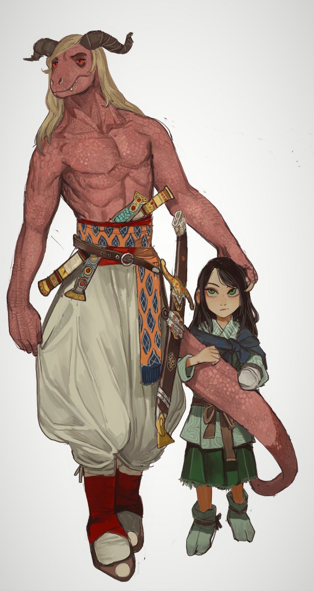 1boy 1girl black_hair blonde_hair child closed_mouth colored_sclera dagger freckles furry furry_male gloves green_eyes green_skirt height_difference highres horns knife long_hair mossacannibalis original pants puffy_pants red_sclera reptile_boy sandals simple_background single_glove skirt tabi tail tail_hug topless_male weapon white_background white_gloves white_pants