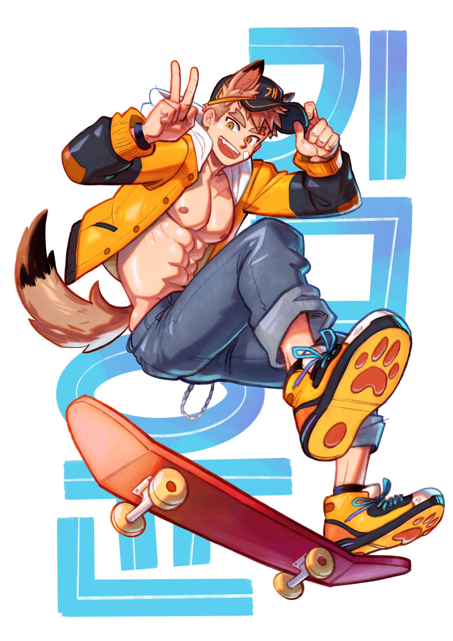 1boy abs animal_ears brown_eyes brown_hair chain collared_jacket denim fangs hand_on_headwear hat highres hood hoodie jacket jeans large_pectorals male_focus mondoart1 muscular muscular_male nipples open_mouth original pants pectorals shoes skateboard skateboarding solo spiky_hair tail thick_eyebrows tongue topless_male v