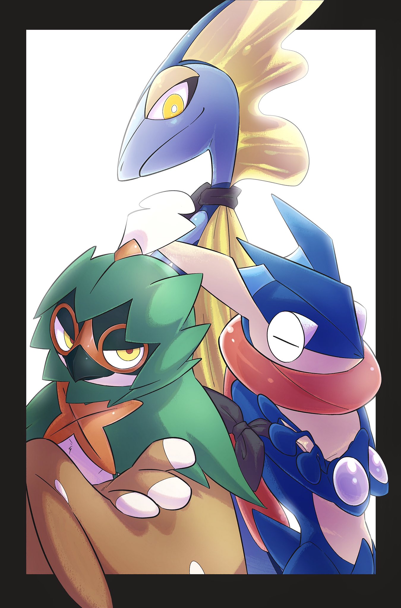 black_border border bright_pupils closed_eyes closed_mouth commentary_request crossed_arms decidueye greninja highres inteleon pkpokopoko3 pokemon red_pupils smile tongue white_background white_pupils yellow_eyes