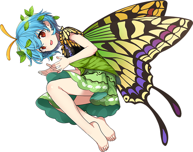 1girl antennae aqua_hair artist_request barefoot blush butterfly_wings dress eternity_larva fairy full_body green_dress leaf leaf_on_head multicolored_clothes multicolored_dress open_mouth red_eyes short_hair short_sleeves smile solo touhou touhou_danmaku_kagura wings
