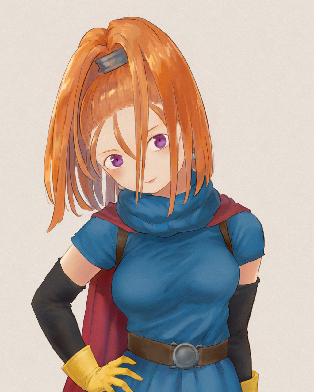 1girl arinsu_(kodamamaimai) barbara_(dq6) belt blue_dress breasts cape closed_mouth dragon_quest dragon_quest_vi dress earrings gloves high_ponytail highres jewelry long_hair looking_at_viewer orange_hair ponytail simple_background smile solo violet_eyes yellow_gloves