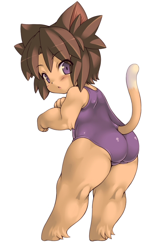 1girl animal_ears bangs bare_shoulders blush brown_fur brown_hair character_request commentary_request copyright_request dot_nose eyebrows_visible_through_hair from_side full_body furry hair_between_eyes looking_at_viewer looking_to_the_side medium_hair ohgaki_m one-piece_swimsuit open_mouth paw_pose purple_swimsuit simple_background solo swimsuit tail thick_thighs thighs violet_eyes white_background