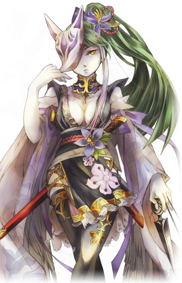 bravely_default:_flying_fairy bravely_default_(series) close-up flower fox_mask hair_flower hair_ornament japanese_clothes katana konoe_kikyou looking_at_viewer mask ninja non-web_source pale_skin sword weapon