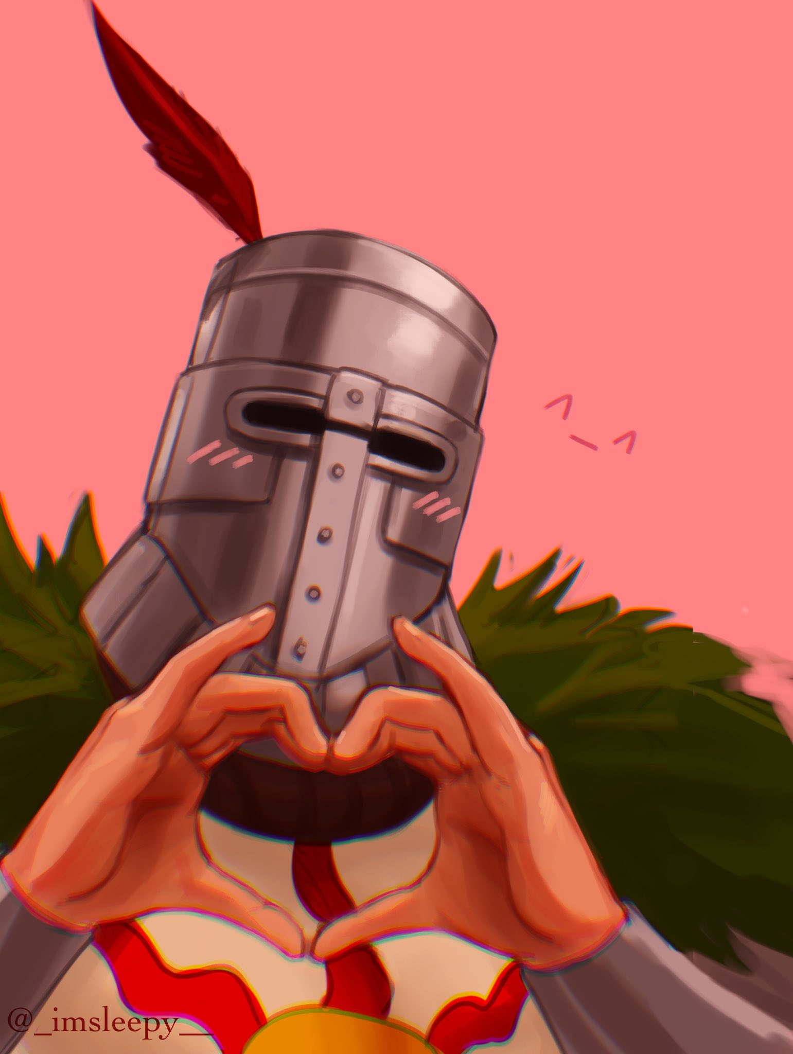 1boy ^_^ blush_visible_through_clothes cape closed_eyes dark_souls_(series) dark_souls_i emoticon fur_cape hands_up heart heart_hands helmet highres male_focus pink_background pinky_out plume simple_background sleepysolaire solaire_of_astora solo tabard twitter_username upper_body