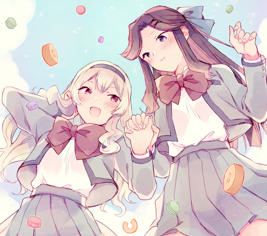 2girls :d baumkuchen black_hairband blonde_hair blue_bow blue_eyes blue_sky blunt_ends blush bow bowtie brown_hair cake closed_mouth clouds commentary_request day fingernails food from_below grey_jacket grey_skirt hair_bow hair_ornament hairband half_updo hand_in_own_hair hands_up holding_hands interlocked_fingers jacket long_hair looking_at_another looking_at_viewer macaron miniskirt multiple_girls open_clothes open_jacket open_mouth outdoors pink_eyes pleated_skirt red_bow red_bowtie saijou_claudine school_uniform seishou_music_academy_uniform shirt shirt_tucked_in shoujo_kageki_revue_starlight sidelocks skirt sky smile standing star_(symbol) tendou_maya wato_(ko) wavy_hair white_shirt x_hair_ornament yuri