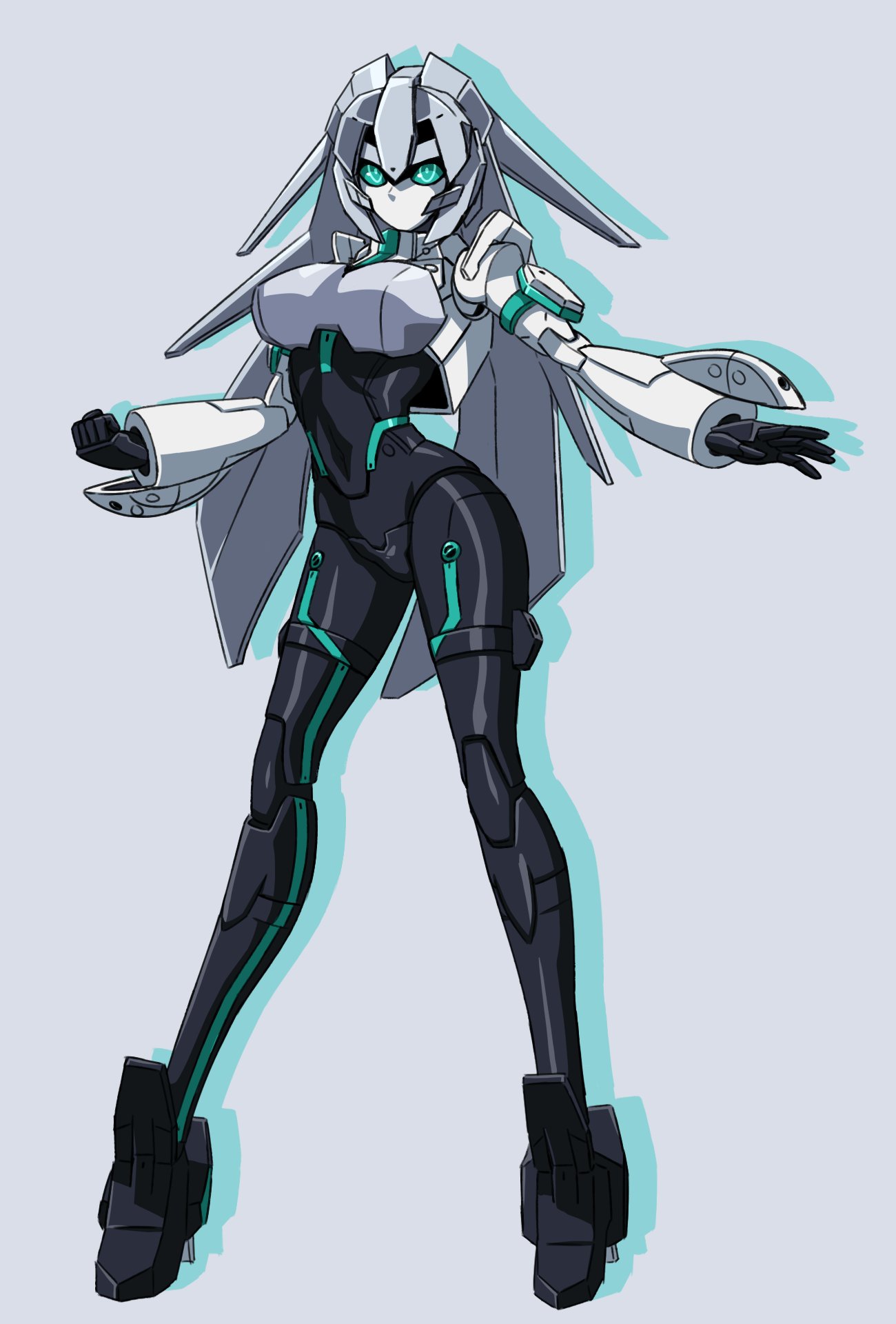 1girl aqua_eyes breasts gundam gundam_build_divers gundam_build_divers_re:rise highres humanoid_robot joints large_breasts long_hair may:be may_(gundam_build_divers_re:rise) mecha mechanical_parts metal_skin mobile_doll_may navel no_mouth robot robot_joints shiny shiny_skin solo standing