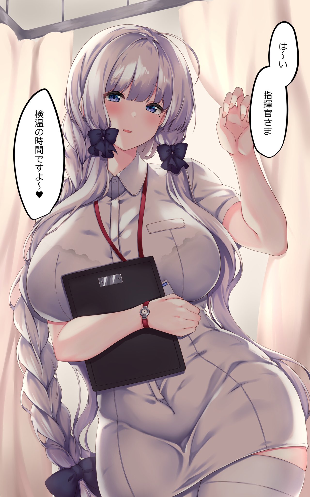1girl arashiki_mamizu azur_lane bangs blue_eyes blush bow breasts commentary commentary_request dress eyebrows_visible_through_hair hair_bow hair_ornament hand_up highres illustrious_(azur_lane) large_breasts long_hair looking_at_viewer mole mole_under_eye parted_lips smile solo thigh-highs translation_request watch watch white_dress white_hair white_legwear