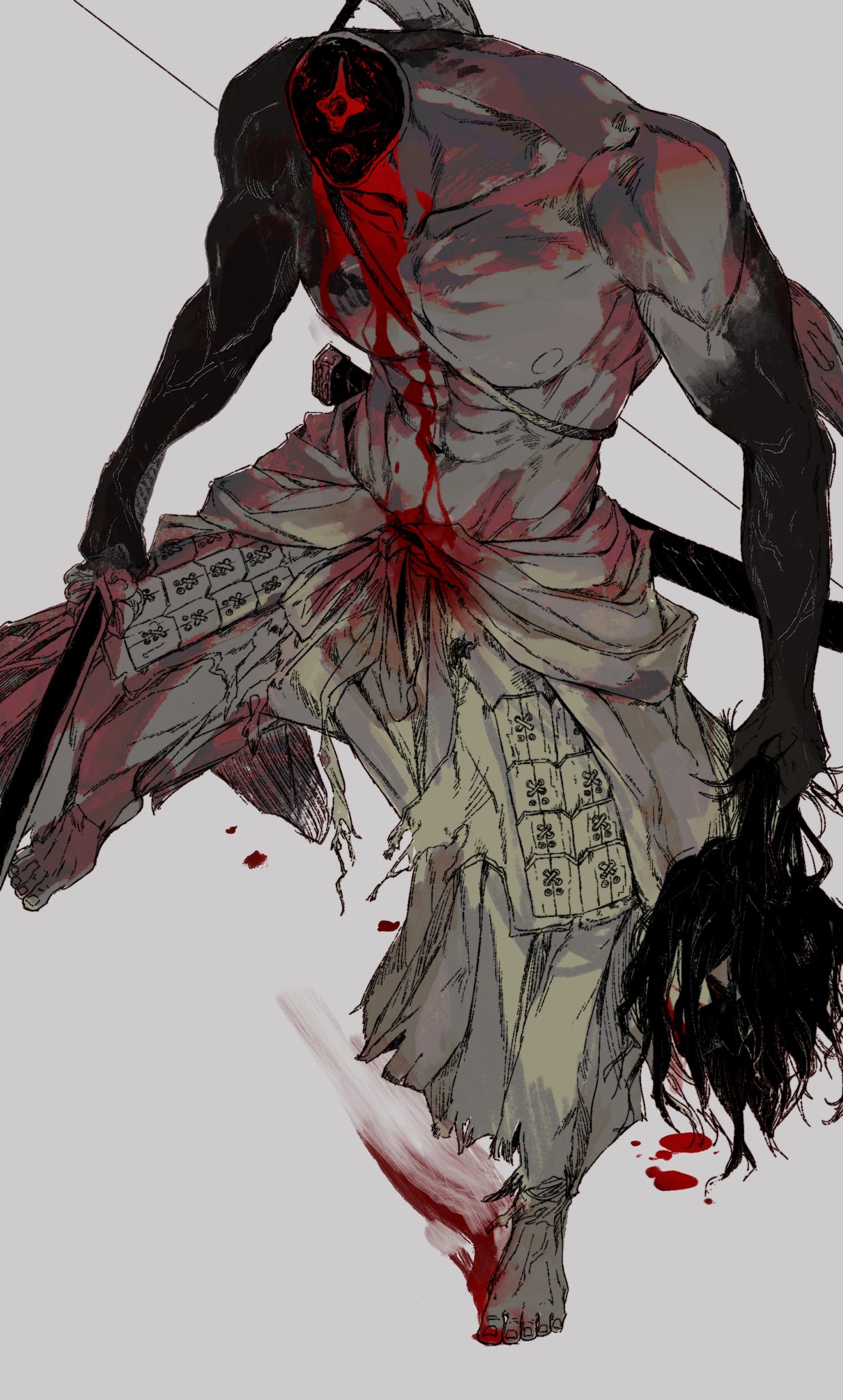 1boy abs ashina_genichirou barefoot blood blood_on_face bone bow_(weapon) collarbone disembodied_head hatching_(texture) headless highres holding holding_head holding_sword holding_weapon katana male_focus monochrome muscular muscular_male navel piyomotsu scabbard sekiro:_shadows_die_twice shaded_face sheath smeared_blood solo spot_color stained_clothes sword topless_male torn torn_clothes unsheathed veins weapon weapon_on_back
