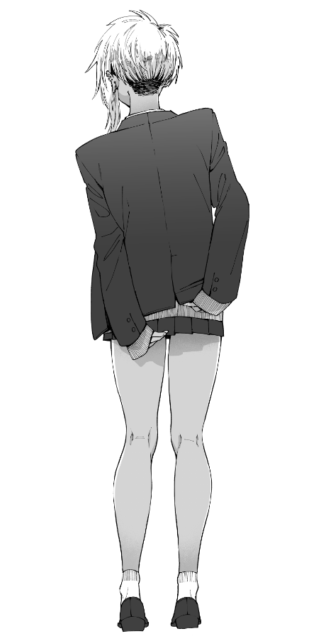 1girl butakun covering covering_ass ear_piercing from_behind full_body greyscale jacket miniskirt monochrome original piercing pleated_skirt school_uniform short_hair skirt sleeves_past_wrists solo standing thighs undercut