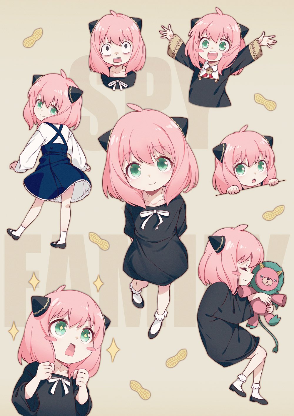 1girl 40hara :o ahoge anya_(spy_x_family) arms_up bangs black_dress black_eyes black_footwear blue_dress blush_stickers bolo_tie bow bright_pupils brown_background closed_eyes closed_mouth collarbone collared_shirt commentary copyright_name dress dress_bow eyebrows_visible_through_hair frilled_dress frilled_legwear frills from_behind from_side full_body gold_trim green_eyes hair_between_eyes hair_ornament hairpods hands_up highres light_blush long_hair long_sleeves looking_at_viewer multiple_views necktie open_mouth peanut peeking_out pink_hair portrait red_necktie round_teeth sanpaku shirt short_dress short_sleeves simple_background smile socks sparkle sparkling_eyes spy_x_family square_mouth stuffed_animal stuffed_toy teddy_bear teeth underskirt upper_body upper_teeth white_bow white_legwear white_shirt