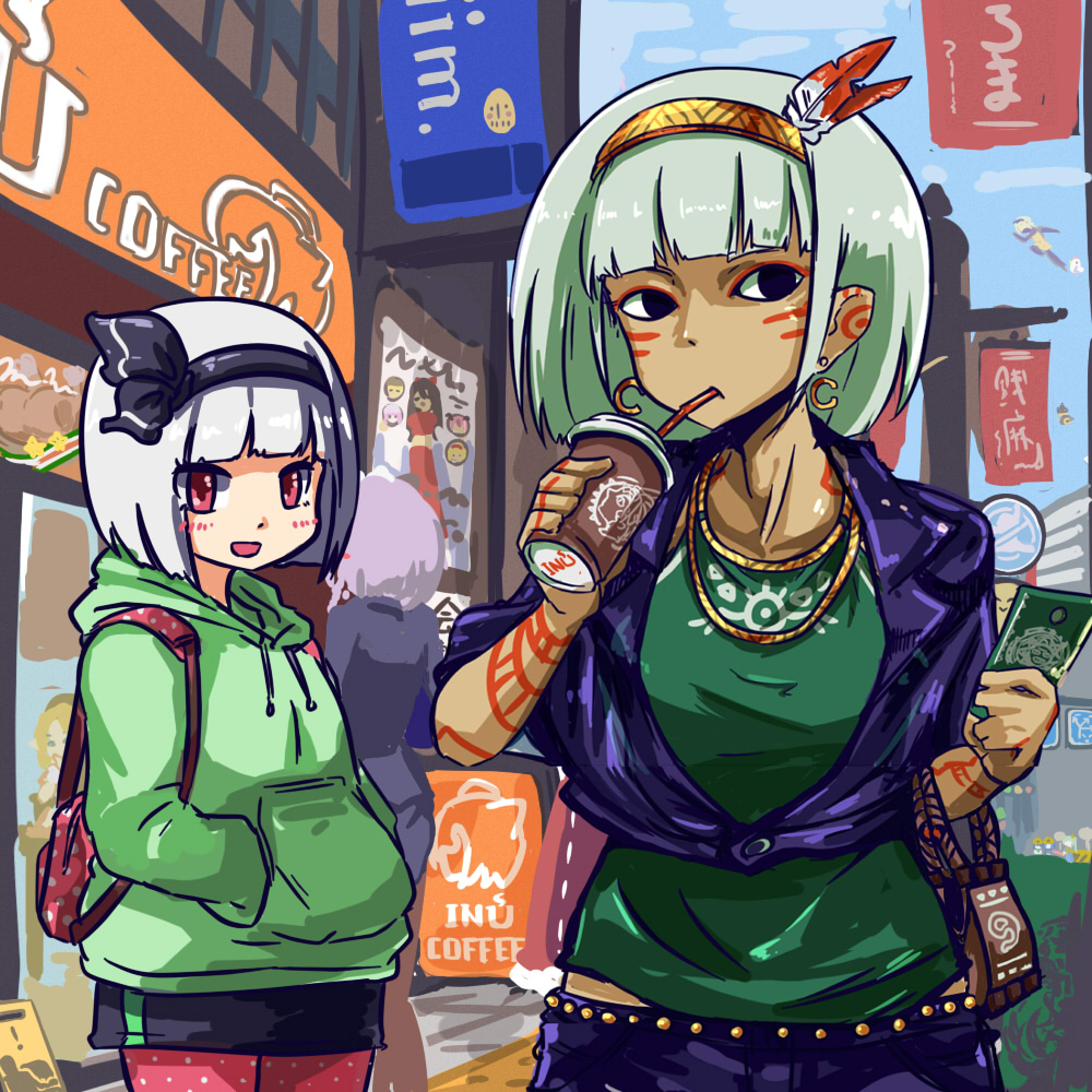 6+girls alice_margatroid alternate_costume asatsuki_(cookie) aztec_calendar bangs black_eyes black_hairband black_skirt blue_sky bob_cut breasts closed_mouth coffee_cup commentary contemporary cookie_(touhou) cowboy_shot cup daiyousei day disposable_cup diyusi_(cookie) drinking_straw earrings eska_(cookie) facepaint feather_hair_ornament feathers flour_(cookie) green_hair green_hoodie green_shirt grey_hair hair_ornament hairband hakurei_reimu hands_in_pocket holding holding_phone hood hoodie ichigo_(cookie) ikiume inu_(cookie) inubashiri_momiji izayoi_sakuya jewelry joker_(cookie) kanna_(cookie) kasai_(cookie) kirisame_marisa koakuma konpaku_youmu kumoi_ichirin light_green_hair looking_at_viewer mai_(cookie) medium_breasts milk_(cookie) mizuhashi_parsee multiple_girls murasa_minamitsu ninja_kewpie_five noel_(cookie) open_mouth outdoors pantyhose patchouli_knowledge phone polka_dot polka_dot_legwear poster_(object) purple_hair red_eyes red_legwear restaurant ryuuga_(cookie) shirt skirt sky smile the_chicken_that_appears_in_the_middle_of_cookie touhou traffic_light uzuki_(cookie) yayoi_usagi