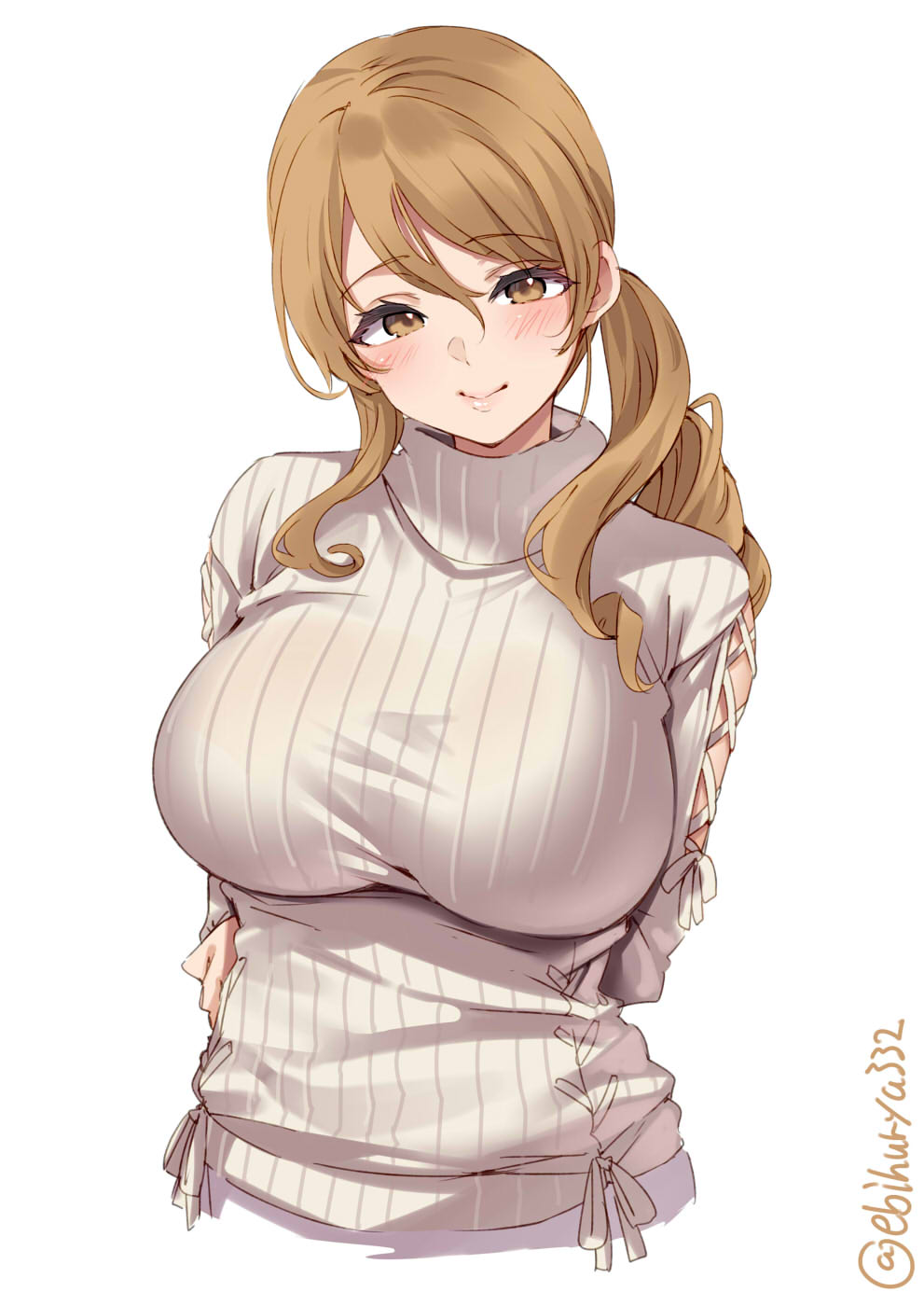 1girl arms_behind_back blush breasts brown_eyes closed_mouth ebifurya eyebrows_visible_through_hair highres kantai_collection large_breasts light_brown_hair littorio_(kancolle) long_hair long_sleeves one-hour_drawing_challenge ponytail ribbed_sweater simple_background smile solo sweater turtleneck turtleneck_sweater twitter_username upper_body white_background white_sweater