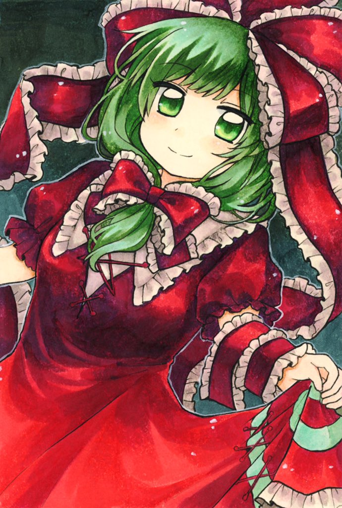 bangs blush bow breasts closed_mouth commentary_request cross-laced_clothes dress eyebrows_visible_through_hair frilled_ribbon frilled_sleeves frills front_ponytail green_eyes green_hair hair_bow hair_ribbon happy kagiyama_hina maa_(forsythia1729) marker_(medium) medium_breasts medium_hair puffy_short_sleeves puffy_sleeves red_dress red_ribbon ribbon short_sleeves skirt_hold smile touhou traditional_media wrist_ribbon