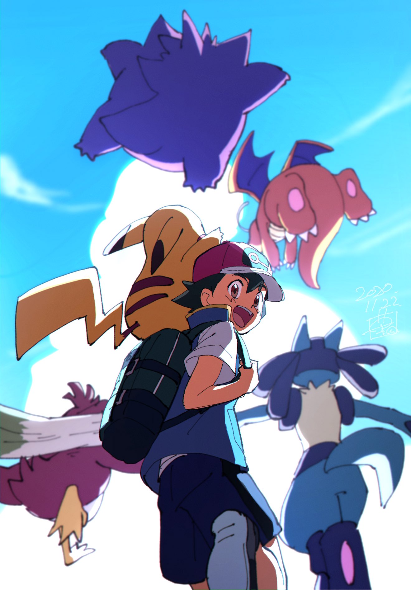 1boy :d ash_ketchum bangs black_hair black_shorts blurry brown_eyes day dragonite from_below galarian_farfetch'd gengar hat highres holding_strap leg_up lucario male_focus open_mouth outdoors pikachu pokemon pokemon_(anime) pokemon_(creature) pokemon_swsh_(anime) shirt shoes short_hair short_sleeves shorts sky sleeveless sleeveless_jacket smile teeth tongue ueda_hanako upper_teeth white_shirt