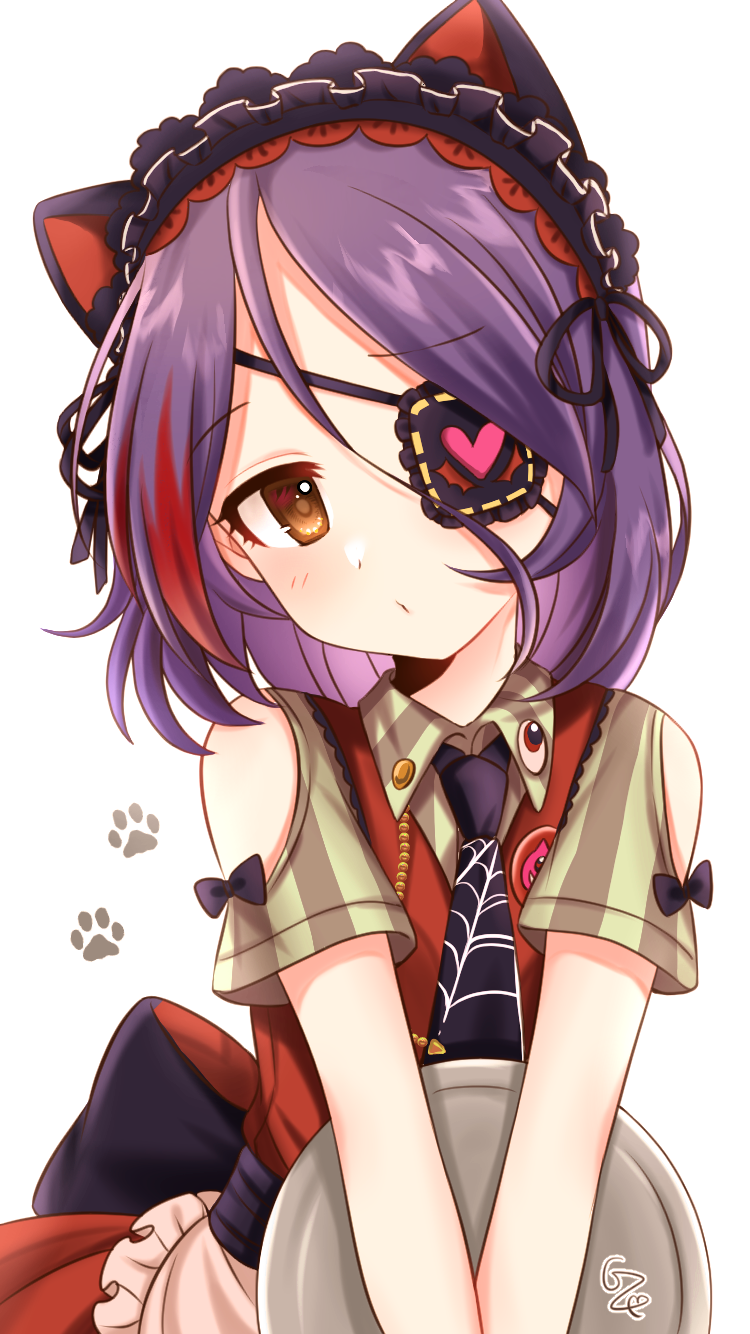 1girl :o alternate_costume animal_ears black_necktie blush c7_master clothing_cutout enmaided eyepatch fake_animal_ears frilled_eyepatch hair_between_eyes hayasaka_mirei head_tilt heart heart_eyepatch highres holding holding_tray idolmaster idolmaster_cinderella_girls idolmaster_cinderella_girls_starlight_stage looking_at_viewer maid maid_headdress multicolored_hair necktie own_hands_together paw_print purple_hair redhead shoulder_cutout simple_background solo streaked_hair tray white_background