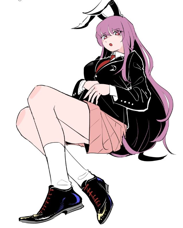 animal_ears bangs black_footwear black_jacket calf_socks collared_shirt frogsnake full_body hands_on_own_stomach jacket long_hair looking_at_viewer necktie open_mouth pink_eyes pink_skirt purple_hair rabbit_ears red_necktie reisen_udongein_inaba shirt simple_background sketch skirt suit_jacket thighs touhou very_long_hair white_background white_legwear white_shirt