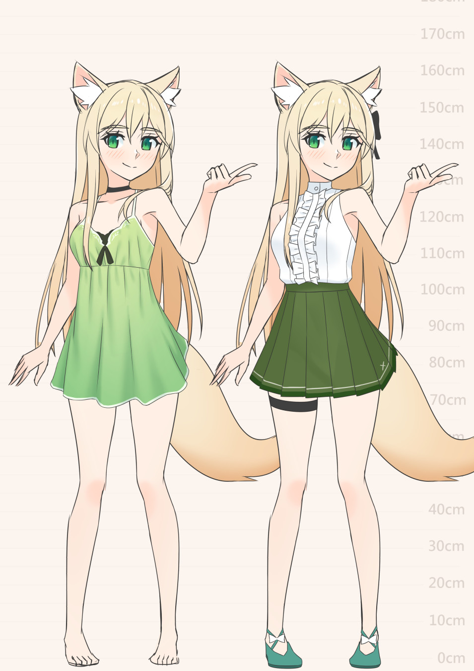 1girl animal_ear_fluff animal_ears arm_at_side armpits bangs bare_legs bare_shoulders barefoot black_bow blonde_hair blouse blush bow breasts choker closed_mouth commentary_request dress_shoes eyebrows_visible_through_hair full_body green_babydoll green_eyes green_footwear green_skirt hair_between_eyes hair_bow hand_up height_chart highres long_hair looking_at_viewer mao_lian_(nekokao) original pleated_skirt pointing_to_the_side shirt skirt sleeveless sleeveless_shirt small_breasts smile solo standing straight_hair tail thick_eyebrows thigh_strap white_shirt wolf_ears wolf_girl wolf_tail