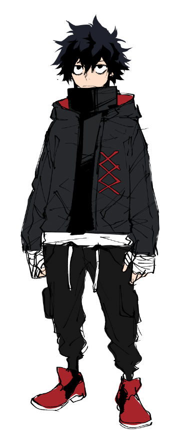 1boy bandaged_hand bandages black_eyes black_hair black_jacket closed_mouth grey_background jacket male_focus messy_hair rdkshinku red_footwear shoes shogunned simple_background sketch sneakers solo standing