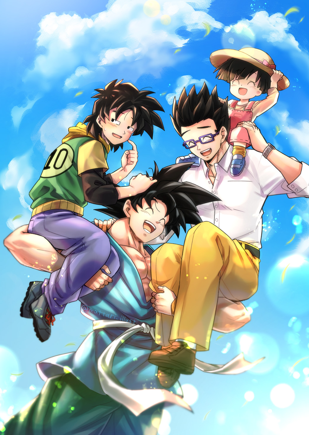 1girl 3boys ^_^ abs arms_up bangs belt black_belt black_hair black_sleeves blue_footwear blue_sky blurry bowl_cut brothers brown_footwear brown_shirt carrying carrying_over_shoulder closed_eyes clothes_lift clouds cloudy_sky collared_shirt cowboy_shot day depth_of_field dougi dragon_ball dragon_ball_z dress_shirt dutch_angle embarrassed father_and_daughter father_and_son finger_to_cheek grandfather_and_granddaughter green_hoodie green_pants grey_footwear half-closed_eyes hand_on_another's_head hand_on_headwear hand_up happy hat hat_ribbon highres hood hood_down hoodie laughing layered_sleeves lens_flare light_blush light_particles long_sleeves loose_socks mattari_illust medium_hair multiple_boys muscular muscular_male obi on_shoulder open_mouth orange_legwear orange_wristband outdoors overalls pan_(dragon_ball) pants parted_bangs partially_unbuttoned pectoral_cleavage pectorals petals pink_overalls pink_ribbon purple_pants ribbon sash shirt shoes short_over_long_sleeves short_sleeves shoulder_carry siblings sideways_glance sitting sitting_on_shoulder sky sneakers socks son_gohan son_goku son_goten spiky_hair straw_hat sun_hat sweatdrop teeth twitter_username upper_teeth white_sash white_shirt wind wind_lift wristband yellow_hood yellow_pants