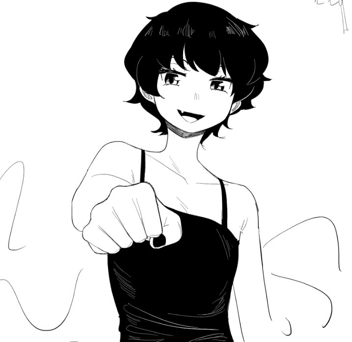 1girl bangs bare_shoulders black_camisole black_nails camisole collarbone fang fist_bump frogsnake greyscale houjuu_nue looking_at_viewer monochrome open_mouth short_hair smile solo touhou upper_body wavy_hair wings