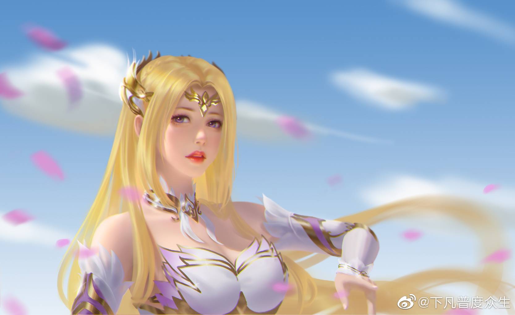1girl armor armored_dress bare_shoulders blonde_hair blue_eyes blue_sky douluo_dalu dress highres long_hair looking_at_viewer petals pointing pointing_forward qian_renxue_(douluo_dalu) qian_renxue_zhuye sky solo upper_body white_dress