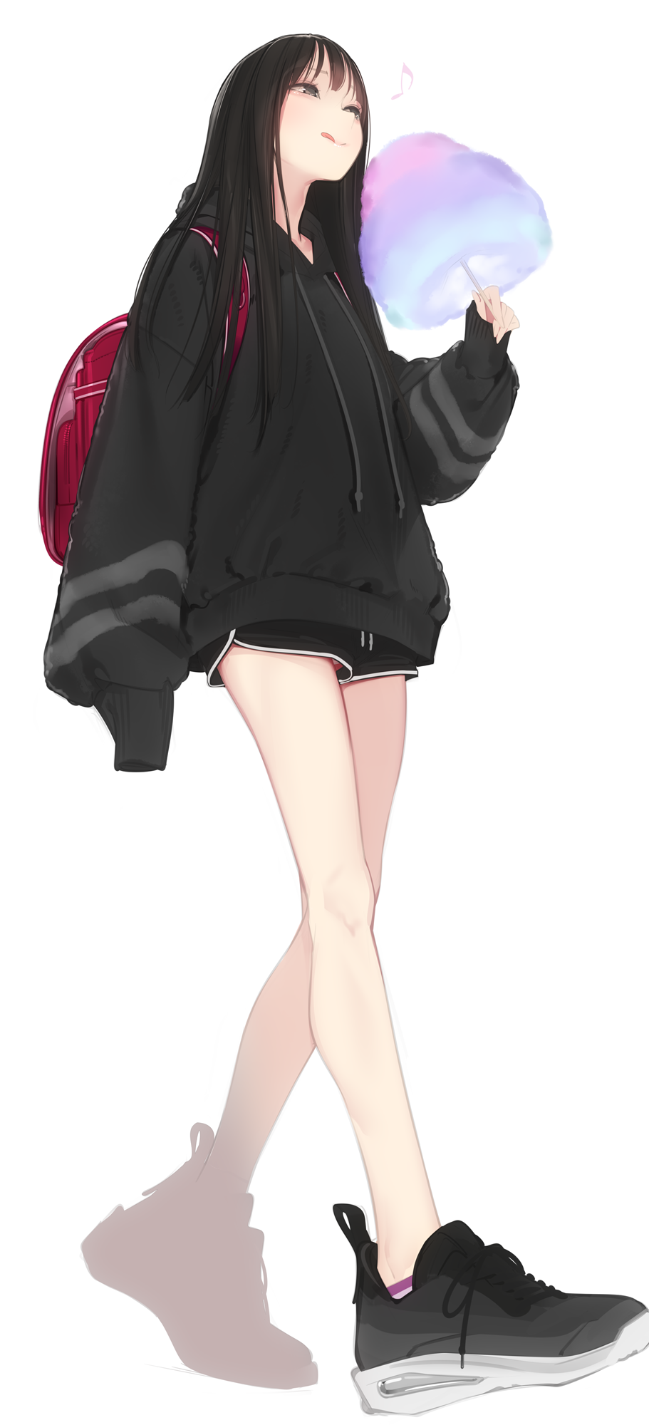 1girl :q ama_mitsuki ankle_socks backpack bag bangs black_hair black_hoodie black_shorts commentary_request cotton_candy eating food full_body highres holding holding_food hood hoodie long_hair original oversized_clothes panties panty_peek red_bag shoes short_shorts shorts simple_background sleeves_past_fingers sleeves_past_wrists sneakers socks solo standing tongue tongue_out underwear walking white_background white_panties