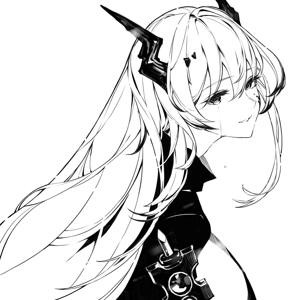 1girl arknights crying crying_with_eyes_open demon_horns eyebrows_visible_through_hair eyelashes greyscale hair_between_eyes horns korean_commentary long_hair looking_at_viewer monochrome oripathy_lesion_(arknights) parted_lips simple_background smile solo su-85_(su_85) tears theresa_(arknights) upper_body white_background