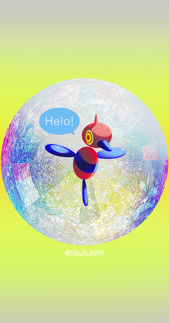 animal_focus artist_name colored_sclera commentary_request english_text floating full_body gradient gradient_background grdg no_humans pokemon pokemon_(creature) porygon-z red_eyes signature simple_background solo speech_bubble talking twitter_username typo yellow_background yellow_sclera