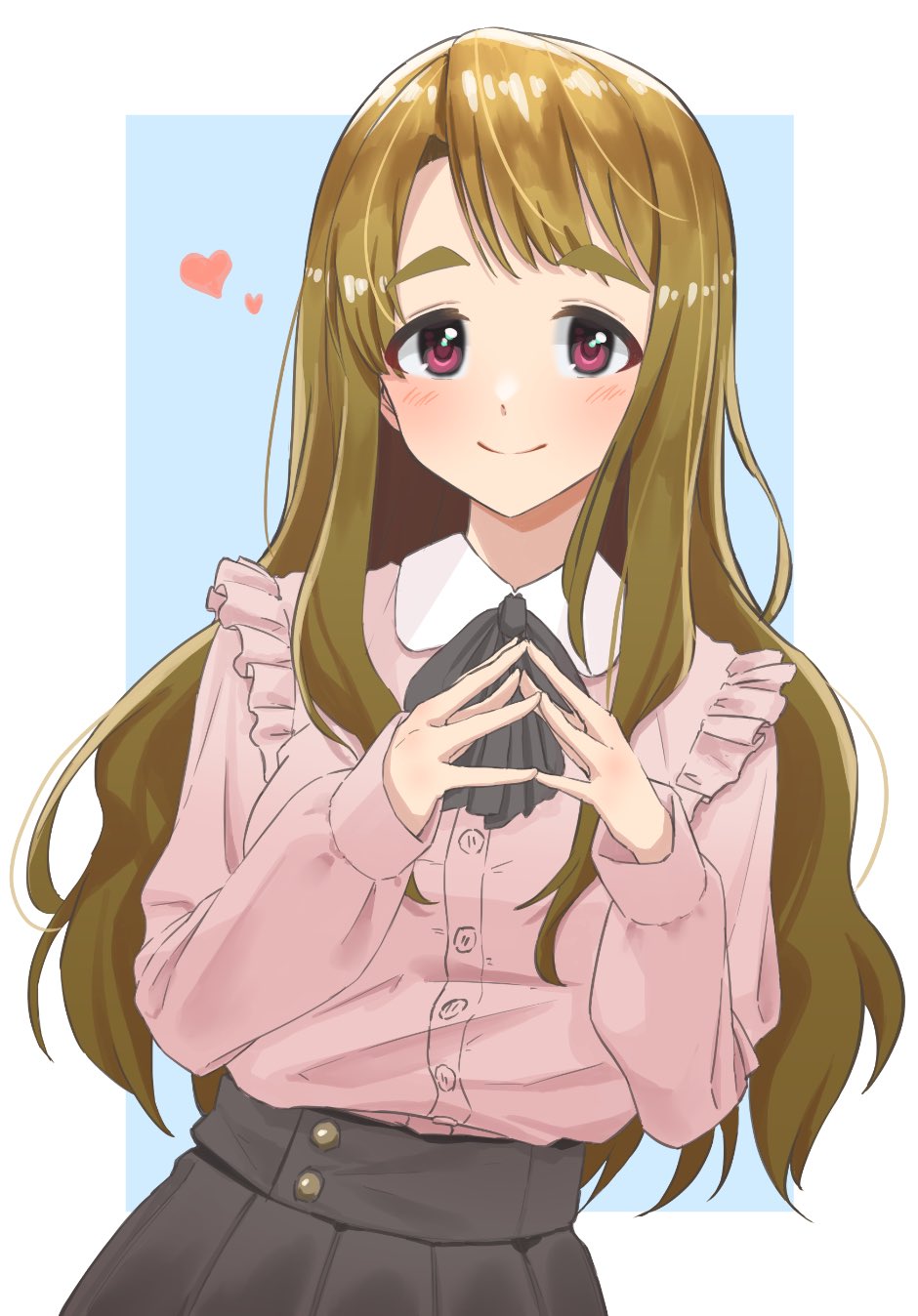 1girl bangs blush brown_hair fingers_together heart high-waist_skirt highres idolmaster idolmaster_million_live! kaiso_(kaisooekaki) long_hair looking_at_viewer miyao_miya own_hands_together pink_shirt red_eyes shirt shirt_tucked_in simple_background skirt smile solo swept_bangs thick_eyebrows two-tone_background very_long_hair wavy_hair