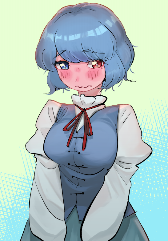 1girl aqua_skirt bangs blue_eyes blue_hair blue_vest breasts embarrassed frogsnake heterochromia long_sleeves medium_breasts neck_ribbon puffy_sleeves red_eyes red_ribbon ribbon shirt short_hair simple_background skirt solo tatara_kogasa touhou upper_body v_arms vest wavy_mouth white_shirt