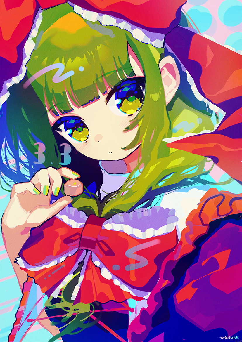 1girl bangs blunt_bangs commentary dot_mouth dress food frilled_ribbon frills green_eyes green_hair green_nails hair_ribbon head_tilt hinasumire holding holding_food kagiyama_hina looking_at_viewer medium_hair red_dress red_ribbon ribbon signature solo sweets touhou upper_body