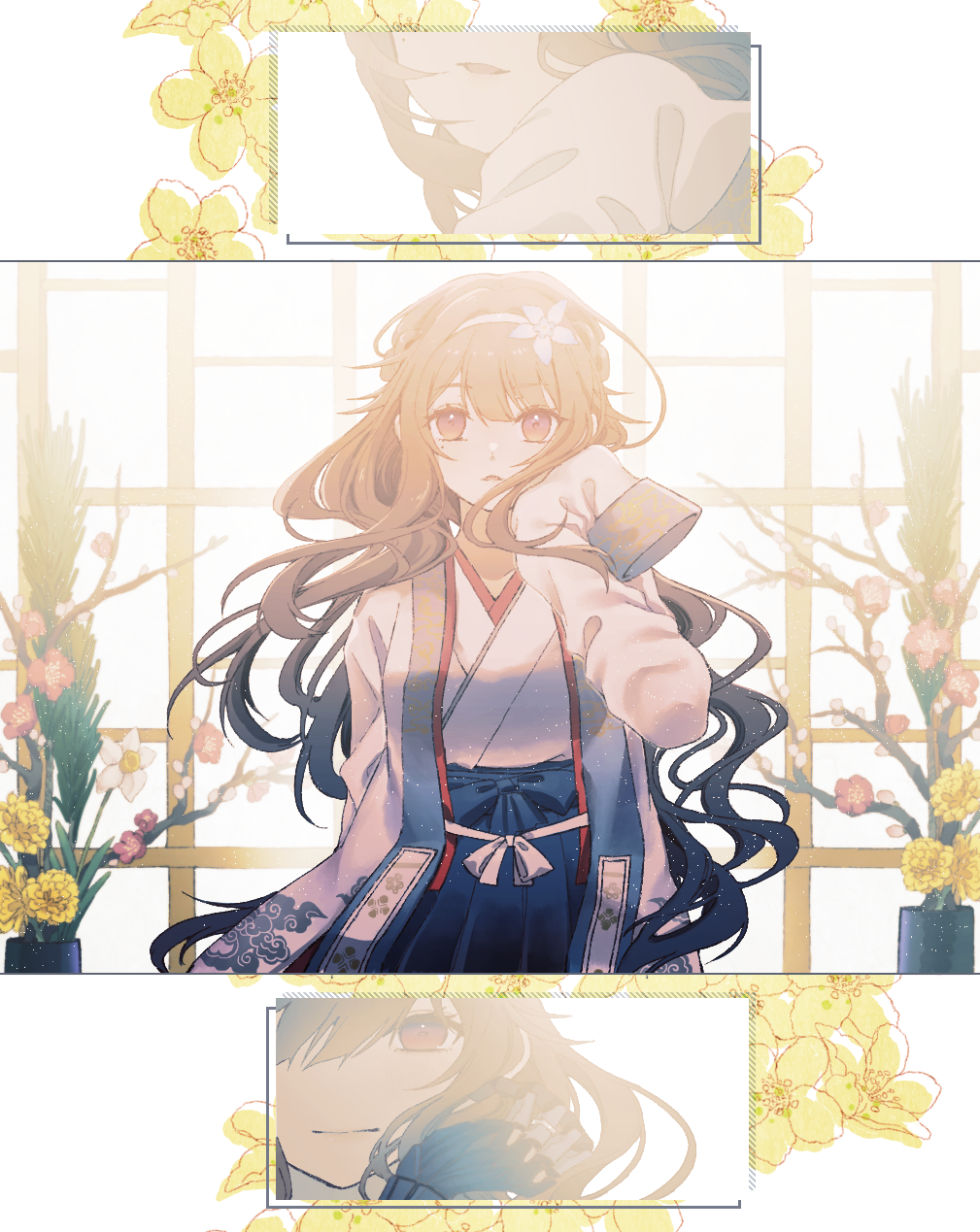 1girl bangs blue_skirt breasts brown_hair closed_mouth commentary commission eyebrows_visible_through_hair flower girls_frontline hair_flower hair_ornament highres japanese_clothes js_9_(girls'_frontline) kimono long_hair long_sleeves looking_at_viewer official_alternate_costume open_mouth rabb_horn red_eyes skeb_commission skirt solo standing vase white_kimono window
