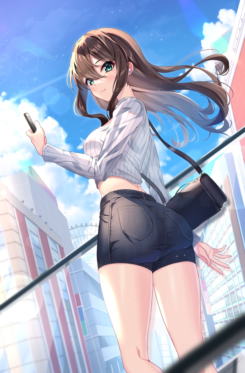 1girl ass bag bangs black_hair black_shorts blue_sky building cellphone clouds commentary day denim denim_shorts eyebrows_visible_through_hair floating_hair from_behind from_below green_eyes hair_between_eyes highres holding holding_phone idolmaster idolmaster_cinderella_girls idolmaster_cinderella_girls_starlight_stage long_hair long_sleeves looking_at_viewer looking_back looking_down outdoors phone ribbed_shirt shibuya_rin shirt short_shorts shorts shoulder_bag sky solo sutoroa very_long_hair white_shirt