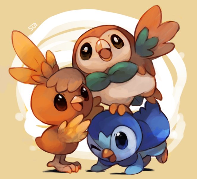 :d looking_at_viewer no_humans one_eye_closed piplup pokemon pokemon_(creature) rowlet signature smile sui_(suizilla) torchic
