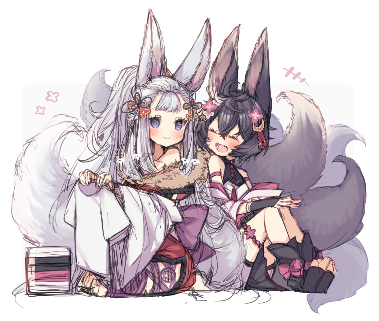 2girls animal_ears black_hair blue_eyes erune fang fox_ears fox_tail granblue_fantasy k0bo43 long_hair multiple_girls multiple_tails sitting sketch smile societte_(granblue_fantasy) tail white_hair you_(granblue_fantasy)