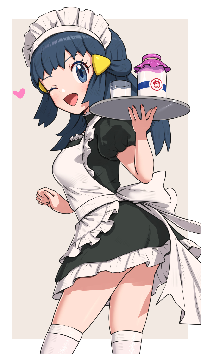 1girl ;d alternate_costume apron black_dress blue_eyes blue_hair border bottle breasts contrapposto cup dress enmaided frilled_dress frills from_side gonzarez hair_ornament hand_up heart highres hikari_(pokemon) holding holding_tray long_hair looking_at_viewer looking_to_the_side maid maid_apron maid_headdress milk milk_bottle one_eye_closed pokemon pokemon_(anime) pokemon_dppt_(anime) short_sleeves smile solo thigh-highs tray white_border white_legwear zettai_ryouiki