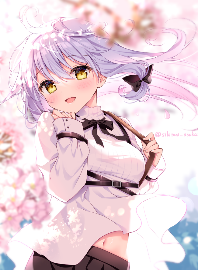 1girl :d bangs black_bow black_skirt blurry blurry_background blurry_foreground blush bow breasts cherry_blossoms commentary_request depth_of_field eyebrows_visible_through_hair flower grey_hair hair_between_eyes hair_bow hands_up long_sleeves looking_at_viewer medium_breasts navel original pleated_skirt shikitani_asuka shirt skirt sleeves_past_wrists smile solo twitter_username white_flower white_shirt yellow_eyes