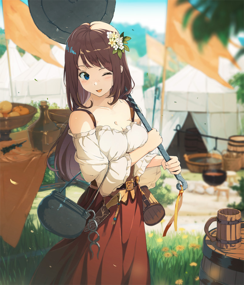 1girl barrel blouse blue_eyes blurry blurry_background bodice brown_hair brown_skirt cauldron commentary_request dagger day flag flower hair_flower hair_ornament holding knife long_hair long_skirt medieval off_shoulder one_eye_closed open_mouth original outdoors shirt skirt solo tankard weapon white_shirt wind yoshitake