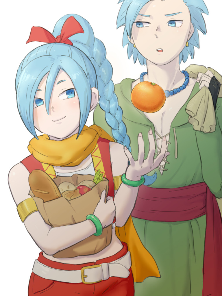 1boy 1girl arinsu_(kodamamaimai) belt blue_eyes blue_hair bracelet braid braided_ponytail camus_(dq11) closed_mouth dragon_quest dragon_quest_xi earrings fingerless_gloves food gloves jewelry long_hair maya_(dq11) necklace open_mouth red_vest scarf simple_background single_braid smile vest white_background