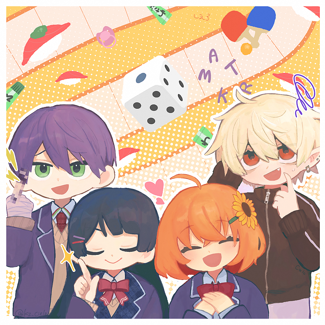 1girl 3boys :d ^_^ ahoge arm_behind_head arm_up bandaged_fingers bandaged_hand bandages bangs black_hair black_jacket blazer bow brown_sweater censored_gesture closed_eyes collared_shirt commentary_request dice ear_piercing earrings eyebrows_behind_hair eyebrows_visible_through_hair fang flower food green_eyes grey_pants hair_between_eyes hair_flower hair_ornament hairclip heart honma_himawari jacket jewelry kenmochi_touya kiduta_cielo kuzuha_(nijisanji) middle_finger multiple_boys necktie nijisanji open_clothes open_jacket orange_hair own_hands_together paddle pants piercing plaid_necktie pointy_ears purple_hair purple_jacket red_bow red_eyes red_necktie sashimi school_uniform shirt smile sparkle sunflower sunflower_hair_ornament sweater sweatpants table_tennis_paddle track_jacket tsukino_mito virtual_youtuber white_hair white_shirt yellow_flower
