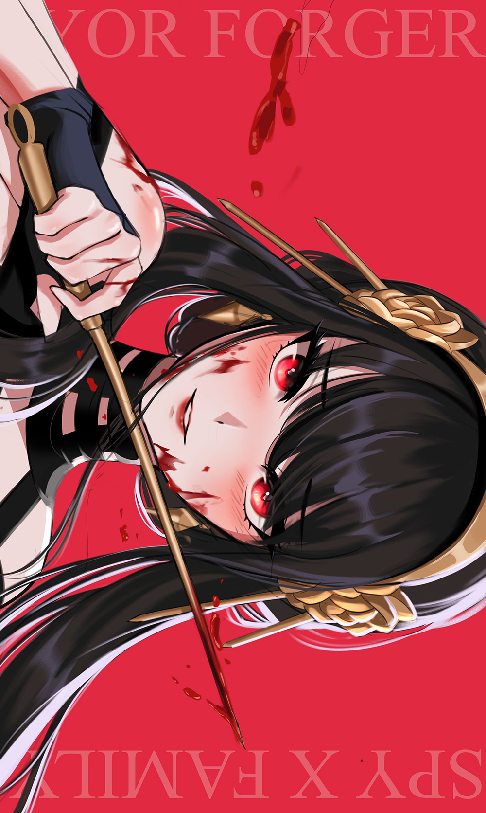 1girl bangs black_hair blood blood_on_face earrings fingerless_gloves gloves gold_earrings gold_hairband hand_up highres holding holding_weapon jewelry looking_at_viewer mihan77108047 parted_lips red_background red_eyes red_lips short_hair_with_long_locks sideways solo spy_x_family weapon yor_briar