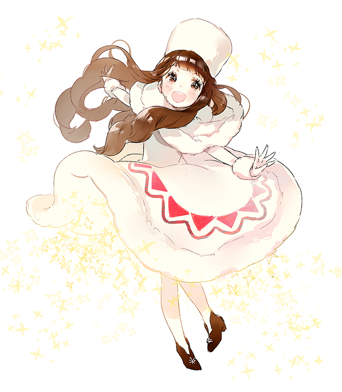 1girl ancotaku blush brown_eyes brown_hair capelet cocoa_cookie cookie_run dress full_body gloves humanization long_hair long_sleeves looking_at_viewer no_socks open_mouth pantyhose personification smile solo sparkle