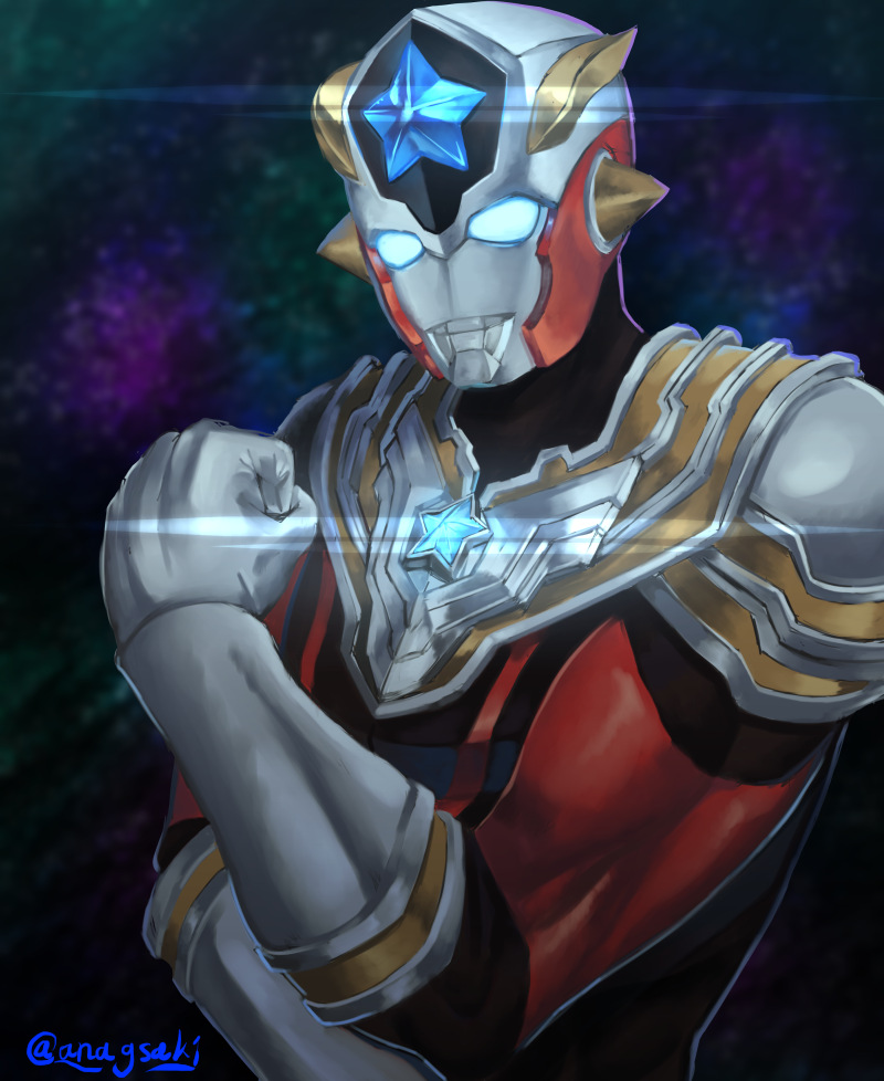 1boy alien aona_(anagasaki) armor bodysuit flexing gloves male_focus muscular muscular_male pose red_bodysuit science_fiction solo space star_(symbol) superhero tokusatsu ultra_series ultraman_taiga_(series) ultraman_titas_(ultraman_taiga) upper_body white_gloves