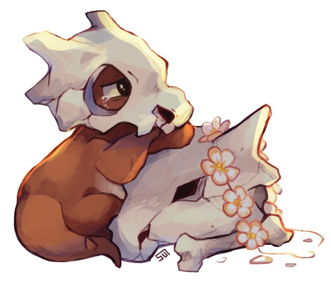 crying crying_with_eyes_open cubone head_wreath no_humans pokemon pokemon_(creature) simple_background sitting sui_(suizilla) tears white_background