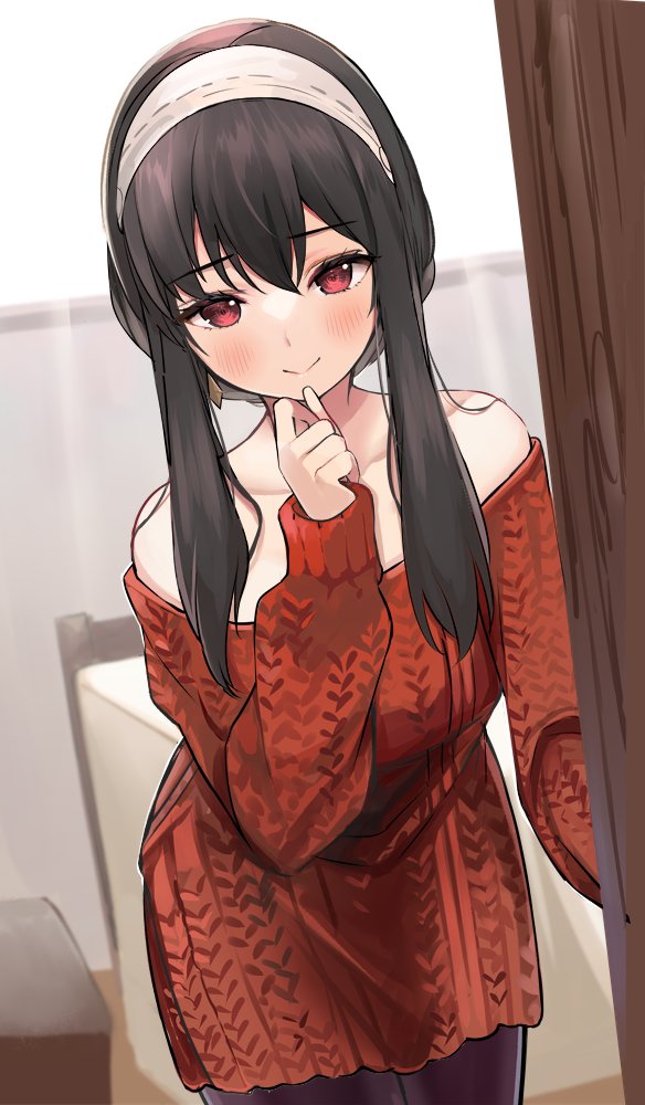 1girl bare_shoulders black_hair blush earrings hairband half-closed_eyes jewelry leaning_forward looking_at_viewer off-shoulder_sweater off_shoulder open_door pantyhose red_eyes ry_thae sidelocks smile spy_x_family sweater white_hairband yor_briar