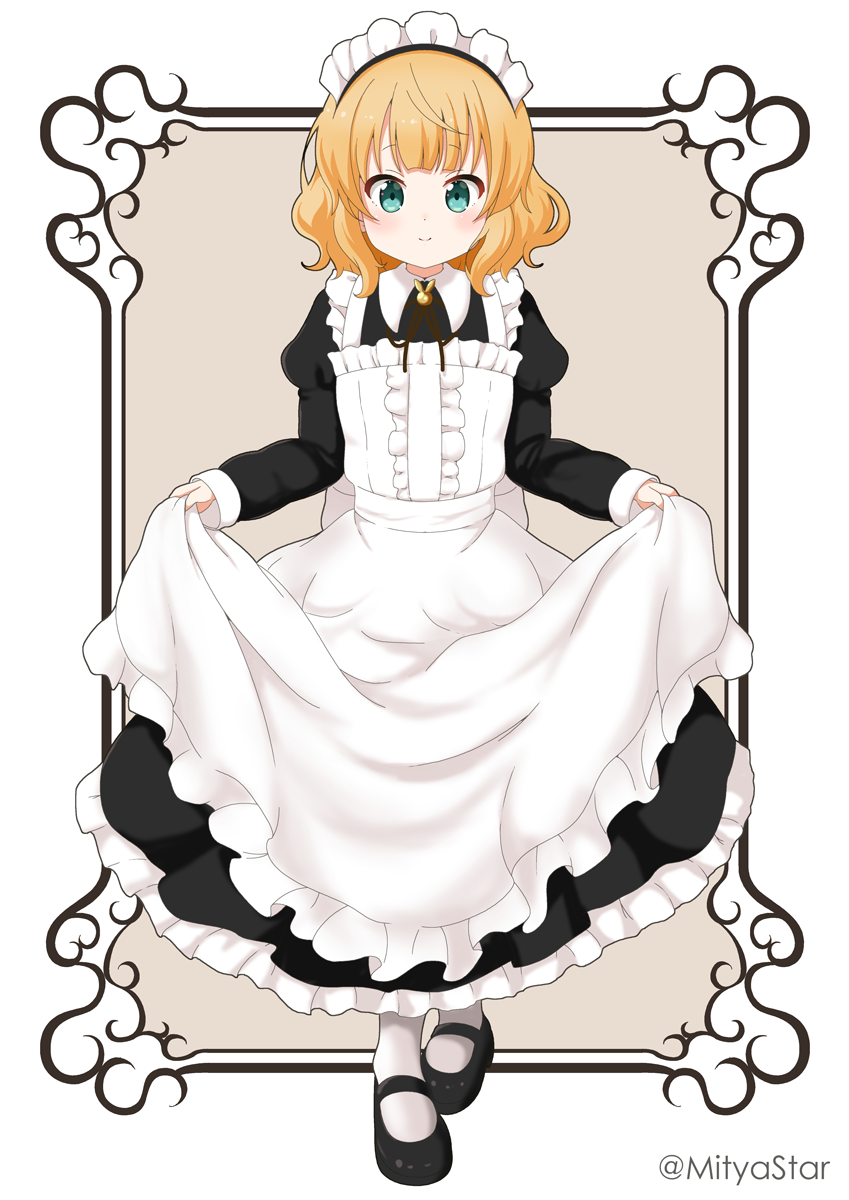 1girl alternate_costume apron bangs black_dress black_footwear blonde_hair blush brown_background center_frills closed_mouth collared_shirt commentary_request dress enmaided eyebrows_visible_through_hair frilled_apron frilled_dress frills full_body gochuumon_wa_usagi_desu_ka? green_eyes highres juliet_sleeves kirima_syaro long_sleeves looking_at_viewer maid maid_apron maid_headdress mitya pantyhose puffy_sleeves shirt shoes skirt_hold sleeves_past_wrists smile solo standing twitter_username two-tone_background white_apron white_background white_legwear