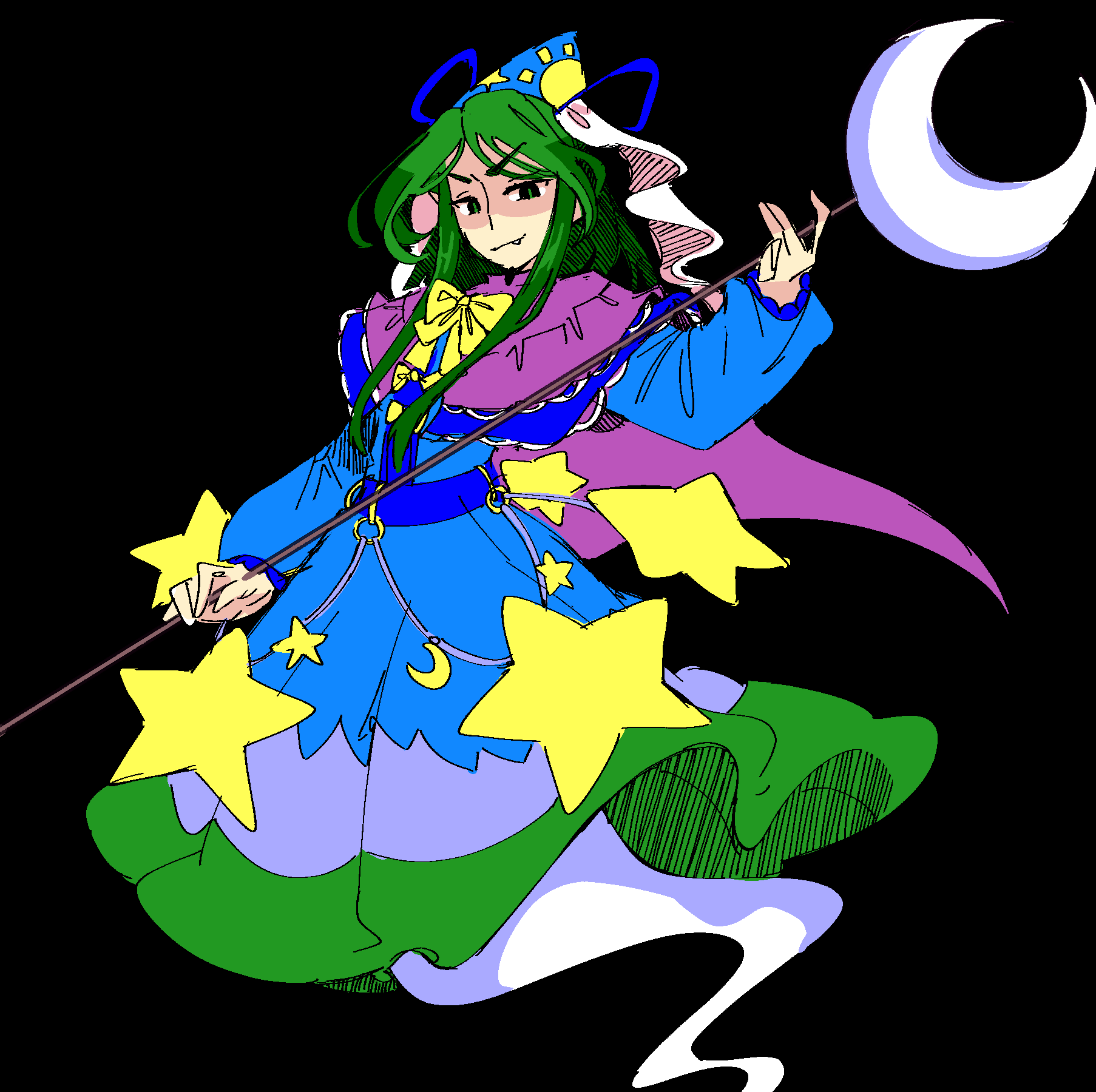 1girl absoiutereason cape closed_mouth ghost ghost_tail green_eyes green_hair hat highres mima_(touhou) moon_(ornament) pointy_hat smile star_(symbol) touhou touhou_(pc-98)